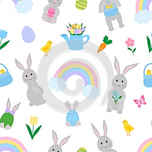 Seamless pattern Easter Bunny Chicks eggs vector illustration